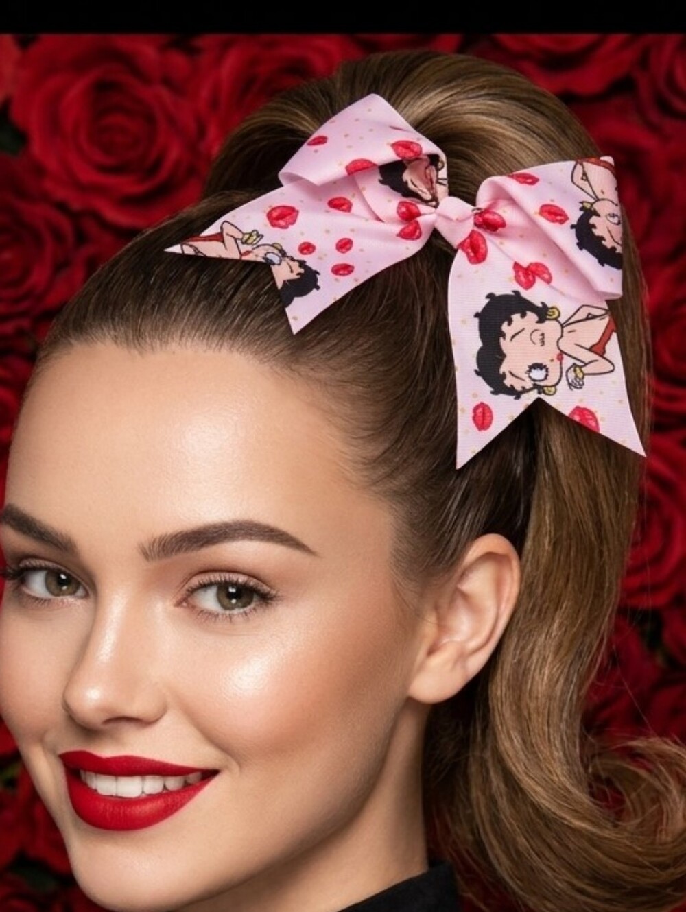 Betty Boop Pink Graphic Hair Bow - Retro Pinup Kisses Design